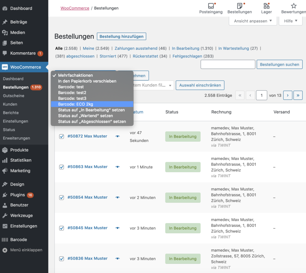 Sammelbestellungen: Gleichzeitige Erstellung von Etiketten für mehrere WooCommerce-Bestellungen — Bildschirmansicht