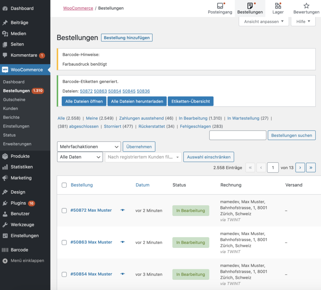 Sammelbestellungen: Gleichzeitige Erstellung von Etiketten für mehrere WooCommerce-Bestellungen — Bildschirmansicht